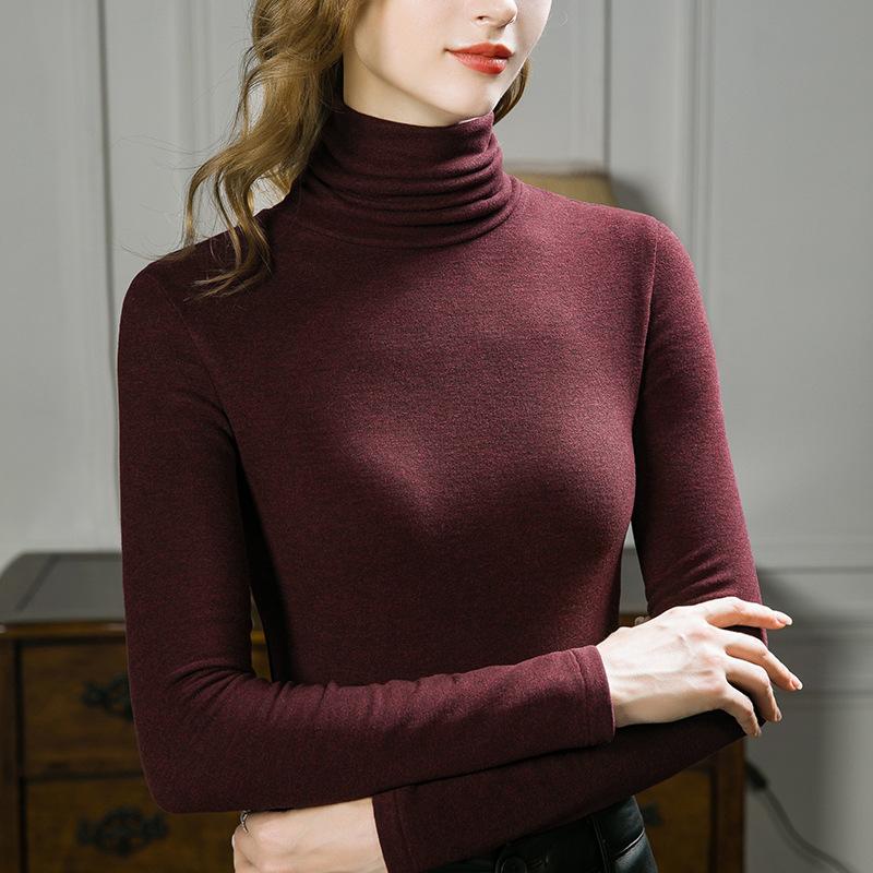 Pile collar bottoming shirt women's cashmere silk autumn and winter new women's clothing with German velvet heating and warm top women's