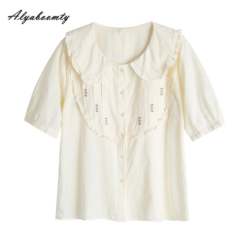 Japanese Mori Girl Summer Women Sweet Blouse Peter Pan Collar Floral Embroidery Casual Loose Blouse Short Sleeve Cotton Cute Blouse