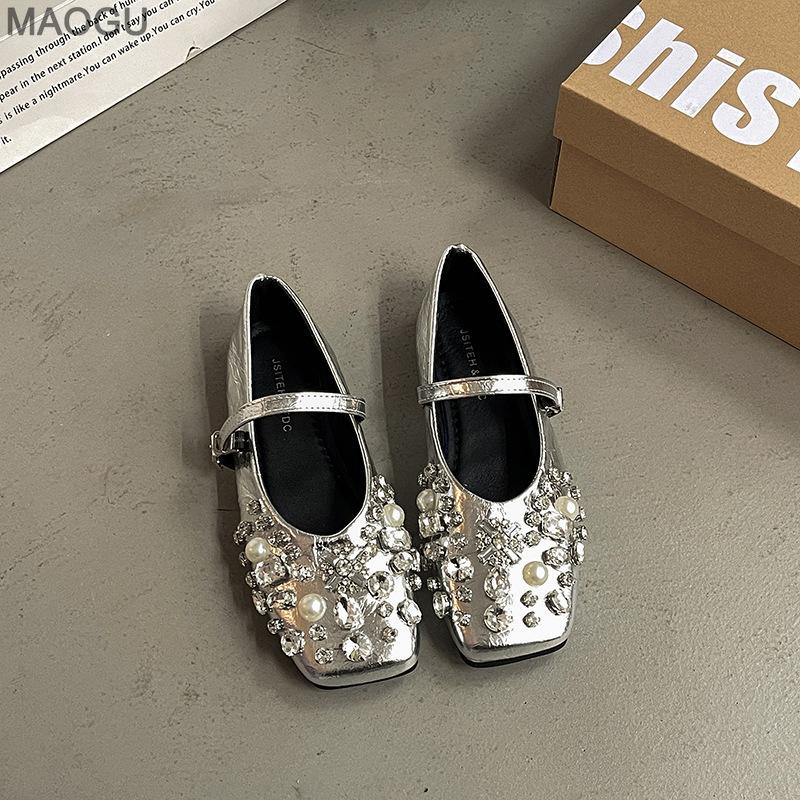 Fashion Silver Rhinestone Mary Jane Shoes Women's Spring Summer Versatile Casual Flats for Daily Wear Comfortable Slip on Shoes