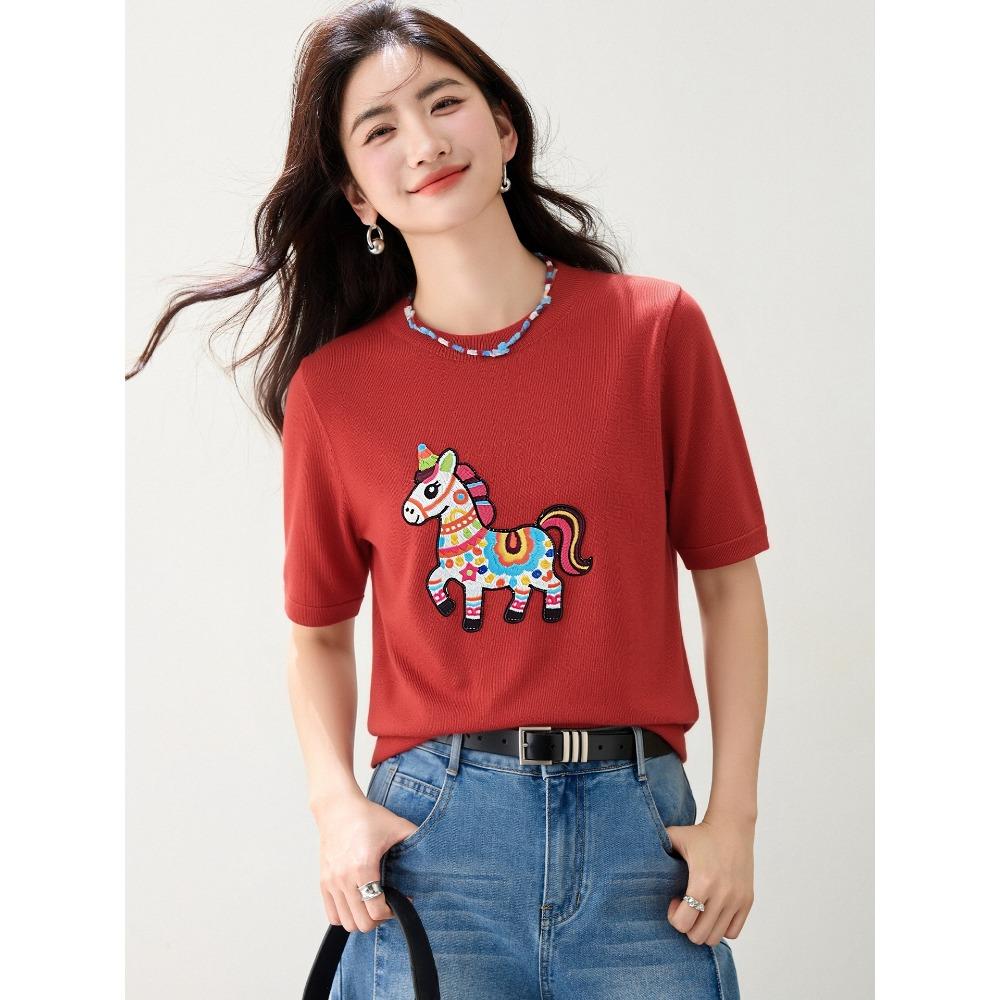 Women Red Pony Print Loose Short Sleeve T-shirt Early Spring Fashion Design M