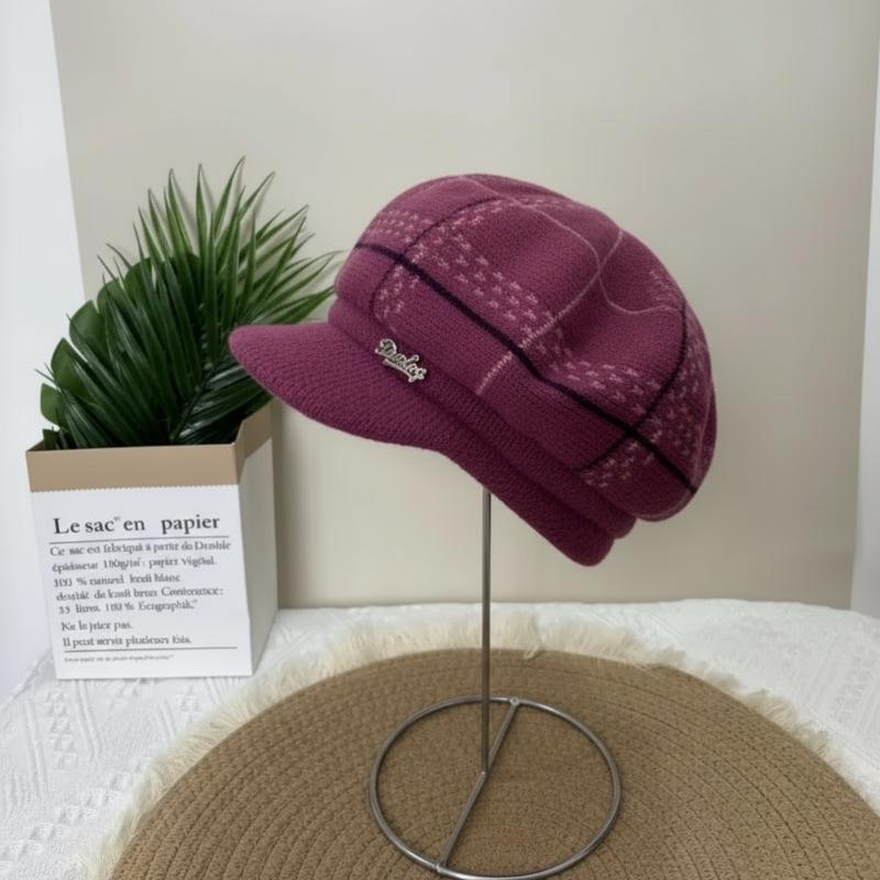 Damenmode Woll-Entenschnabelmütze für Herbst/Winter - Gemütliches Strickmuster mit Samtfutter, Perfekt für Mittelalte und Ältere.