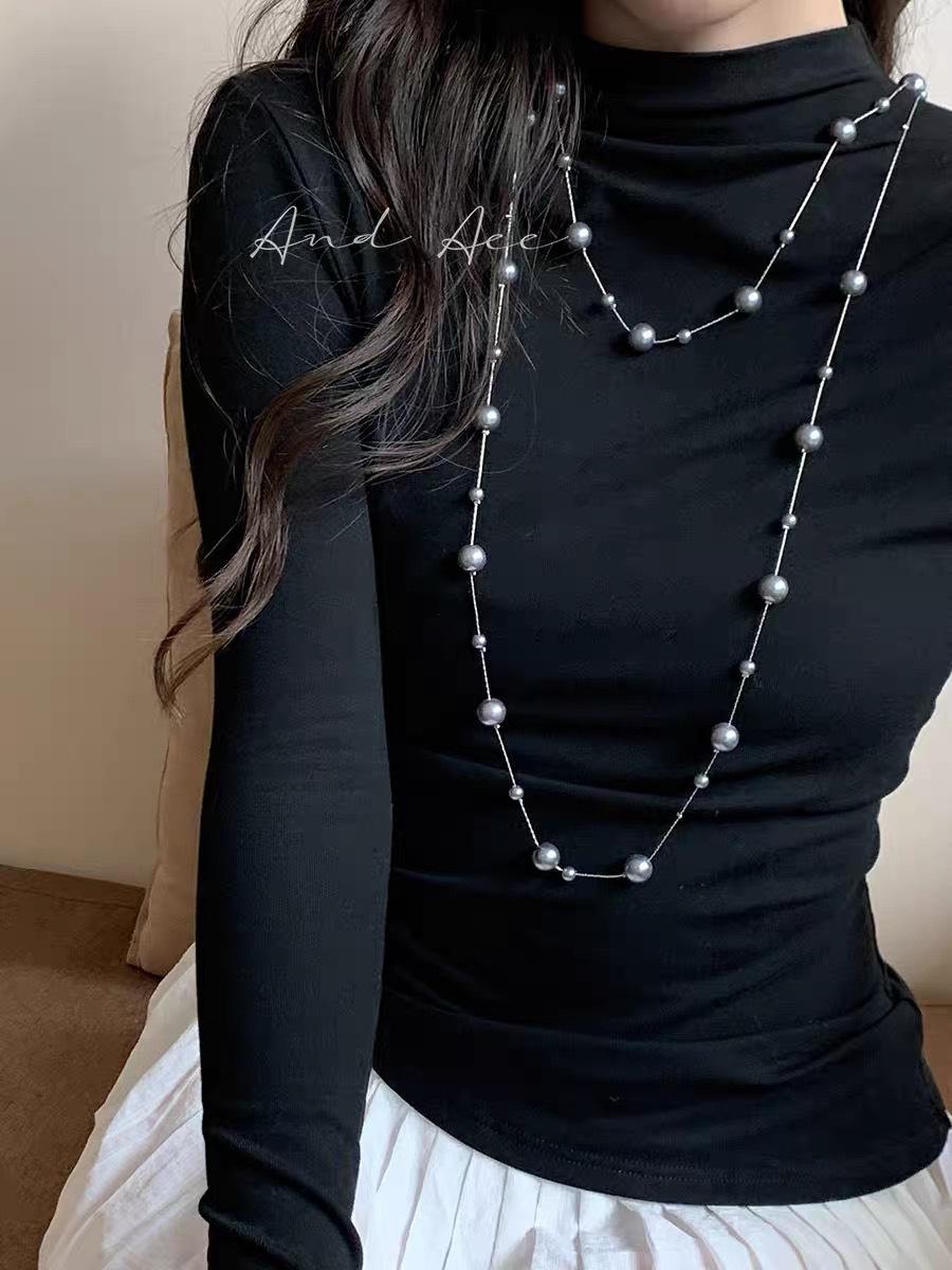 Long Gray Pearl Necklace With Multiple Wearing Styles Collar Chain Necklace One Size