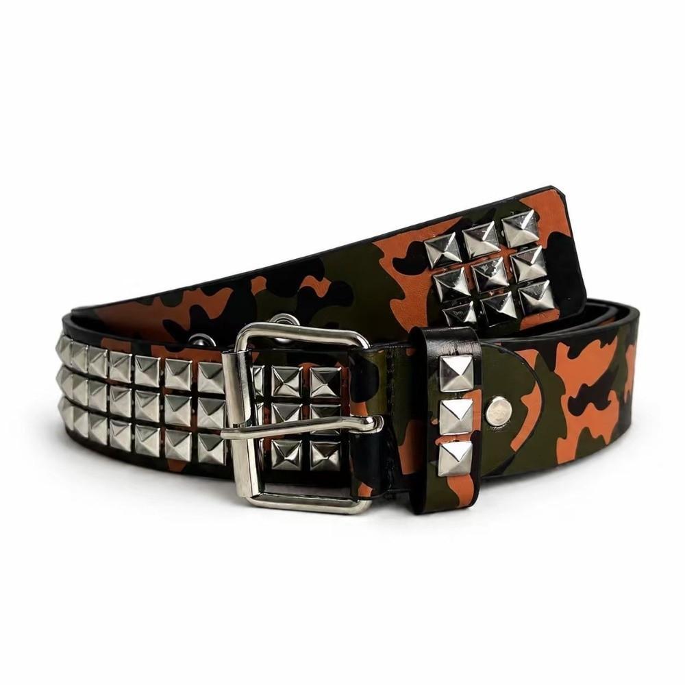 Metal Alloy Buckle Studded PU Belt Camo Print Punk Street Belt Hip Hop Waist Belt  Street Outfit