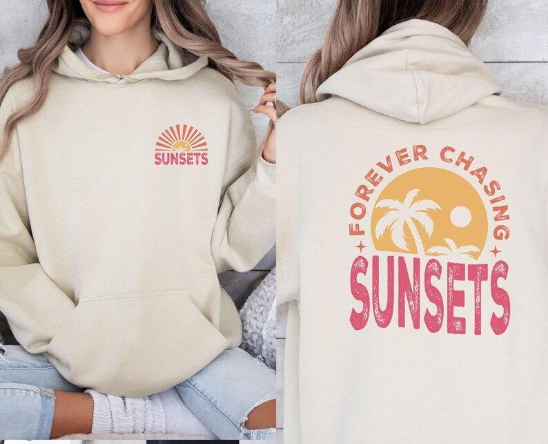 Season, Chasing Sunset Letter Print Long Sleeve Top Fashion Women's Hooded Sweater