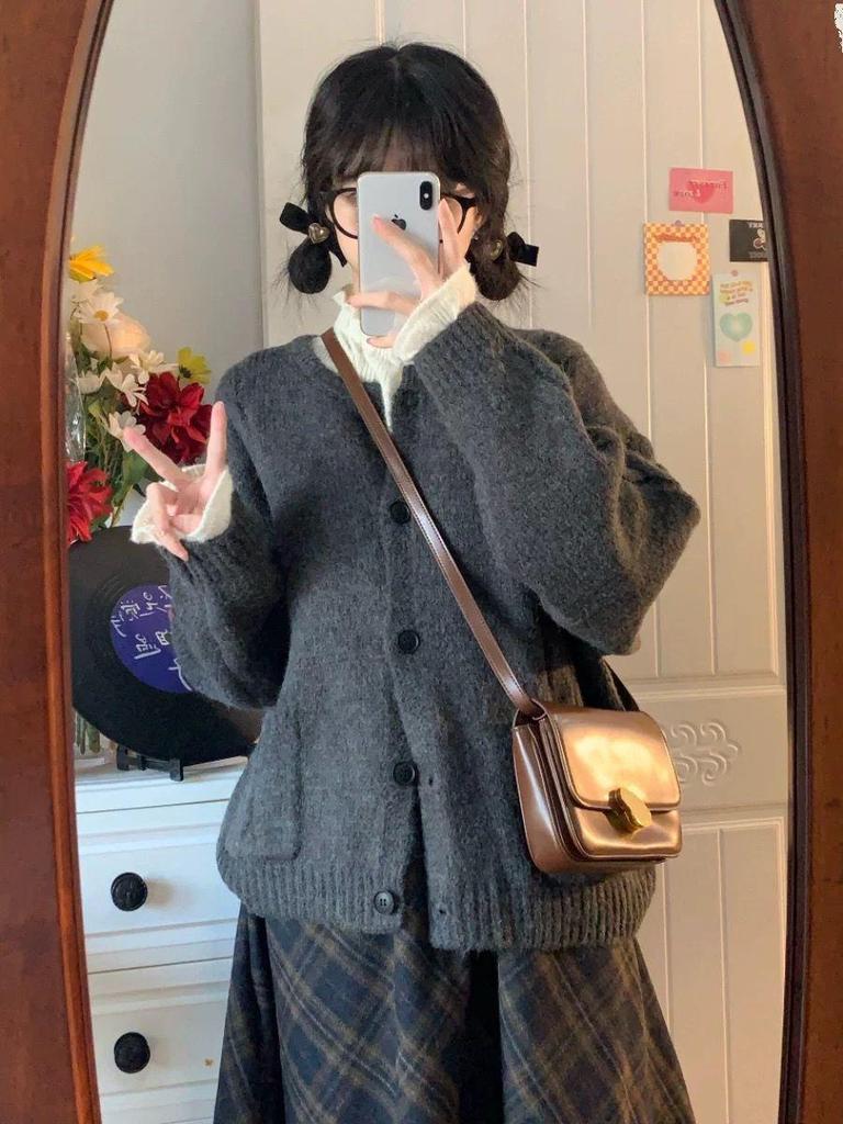 Retro podzimní pletený kardigan Mori Girl - Měkký, hřejivý, kulatý výstřih, krátká délka