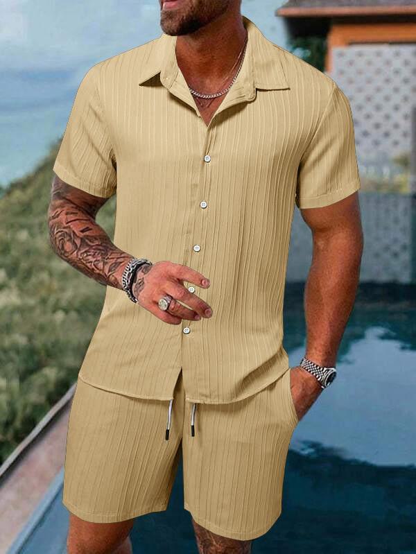 2023 Men's Casual Short-Sleeve Shirt and Shorts Beach Suit - European & American Summer Style