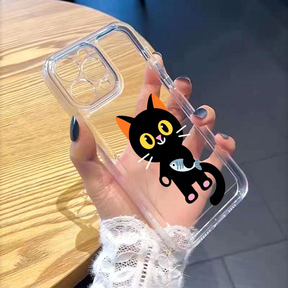 Cute Black Cat Holding Fish Transparent Soft TPU Phone Case for Xiaomi Redmi Note 15 14 13 12 11 10 9 Pro Plus 4G 5G Soft Cover