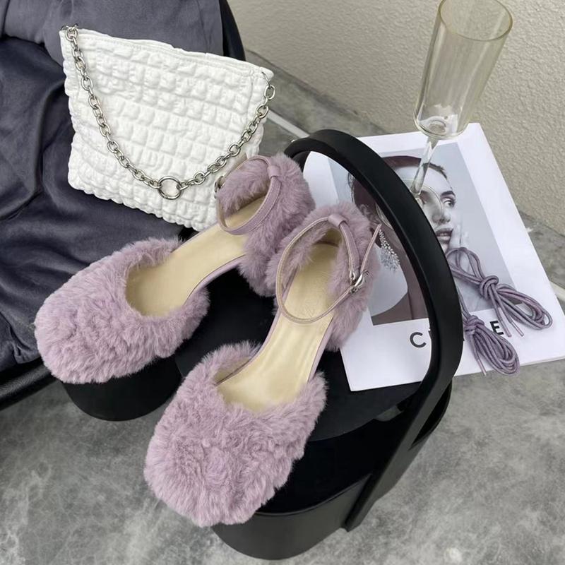 

Fashion SUOJIALUN 2025 New Brand Women Sandal Fashion Furry Ladies Elegant Square Low Heel Dress Pumps Shoes Outdoor Slingback Shoes 35 фиолетовый