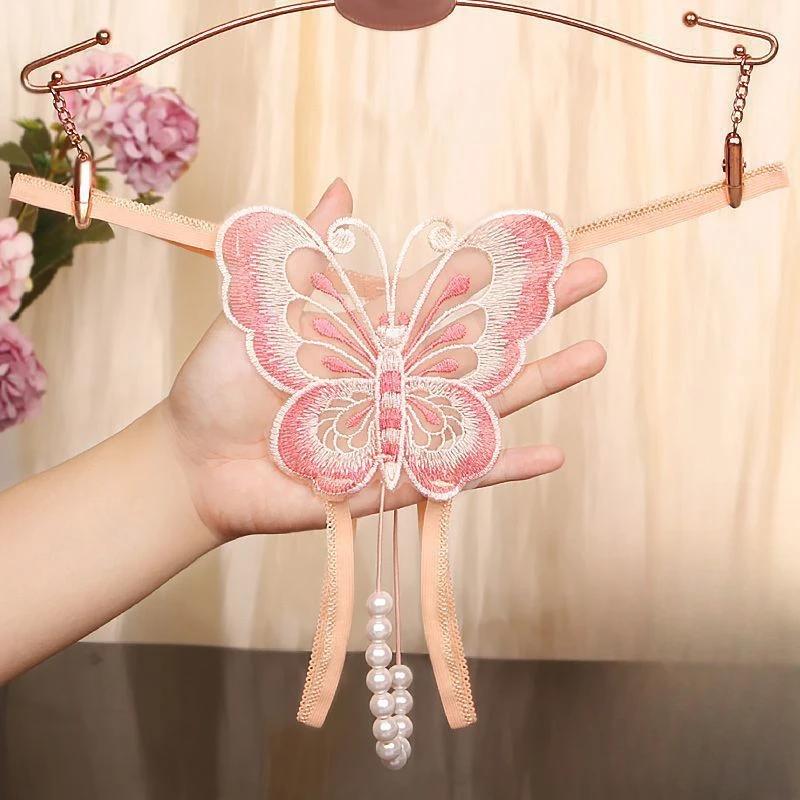 Women Sexy String Butterfly Embroidery Briefs Ultra-Thin Lace Underwear See-Through Low Rise T-Back Open Crotch Underpants