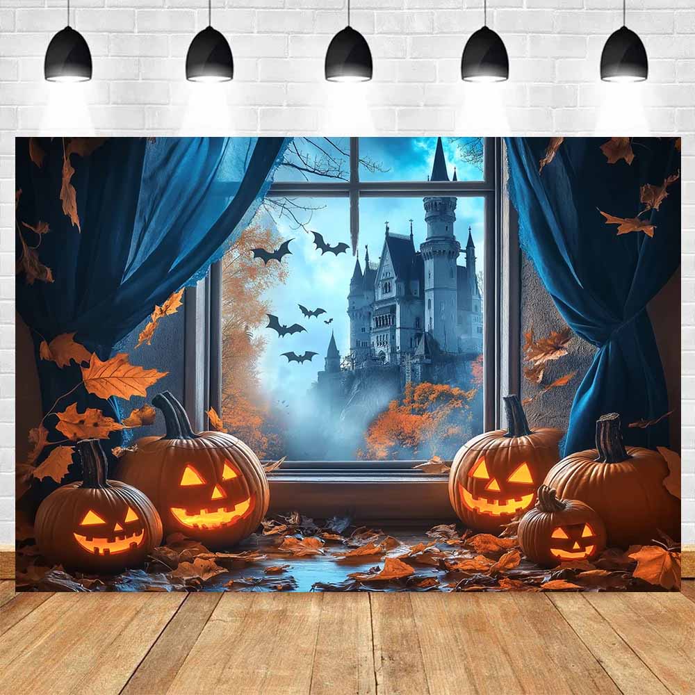 Halloween Backdrop for Photography Fall Pumpkin Party Backgrounds Autumn Leaf Bat Home Window Castle Decorations Banner
