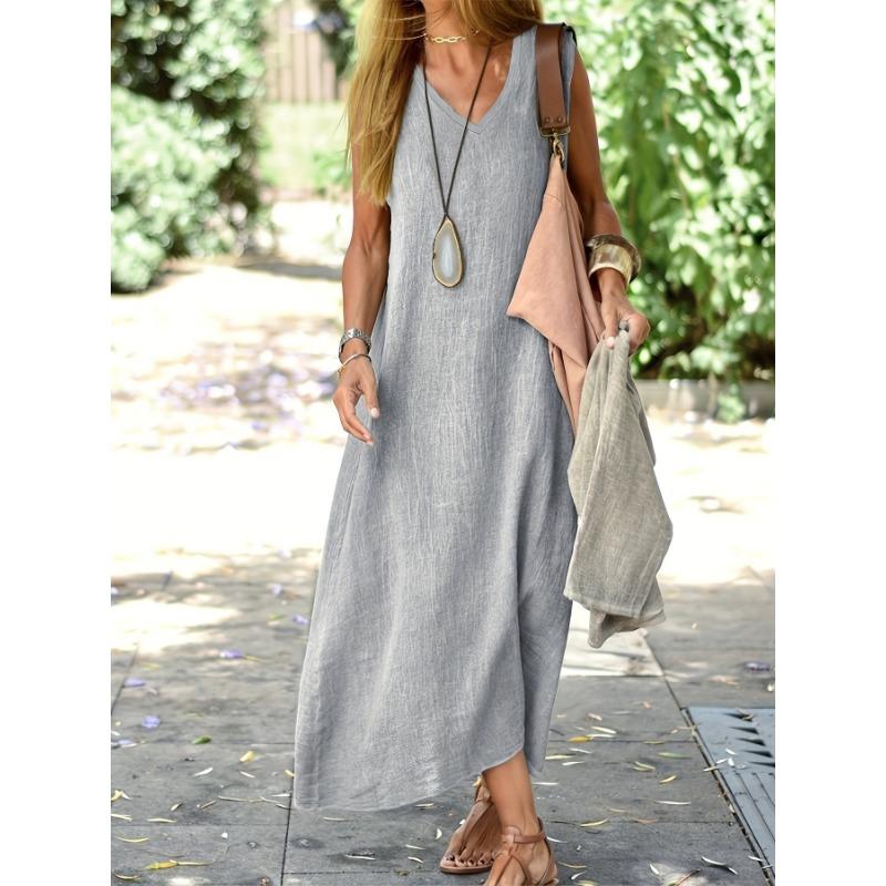 Rochie de vară pentru femei, cu guler în V, pulover din bumbac și in, culoare solidă, talie largă, rochie de seară, confortabilă, casual, fără mâneci