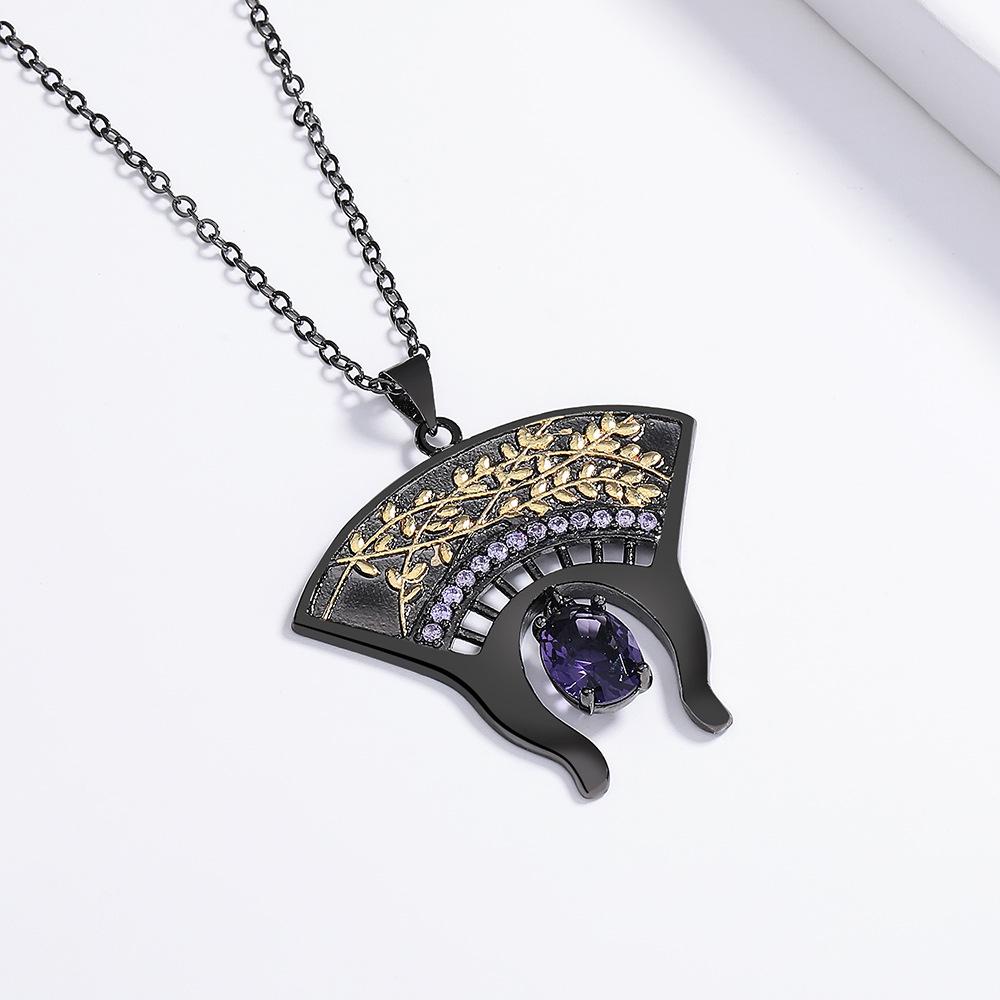 Vintage Black and Gold Two tone Fan shaped Blue Zircon Necklace