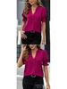 Women's Summer V-Neck Puff Sleeve Solid Color Top