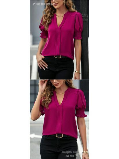 Women's Summer V-Neck Puff Sleeve Solid Color Top