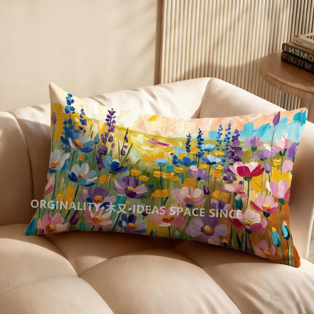 Vintage Floral Field Print Rectangular Pillowcase Suitable For Sofa Bedroom Car Pillow Cover Cushion Rectangular Back Cushion