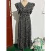 Printemps Été Col en V Taille Haute Robe Décontractée Imprimée Manches Courtes Volantées Élégante Femme Taille Haute A-ligne Fête Robe Longue Vêtements Amples pour Femmes