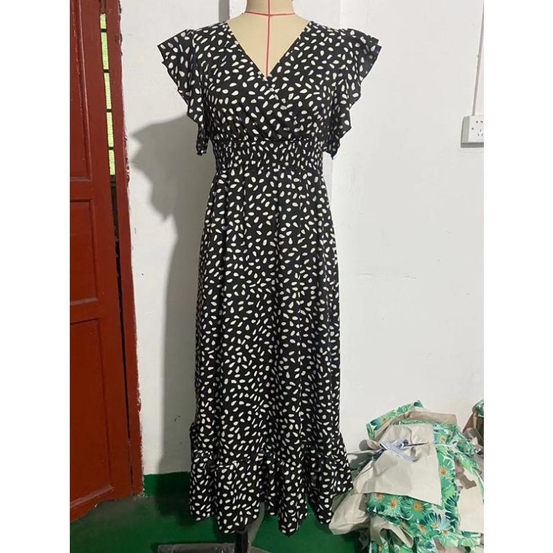 Printemps Été Col en V Taille Haute Robe Décontractée Imprimée Manches Courtes Volantées Élégante Femme Taille Haute A-ligne Fête Robe Longue Vêtements Amples pour Femmes