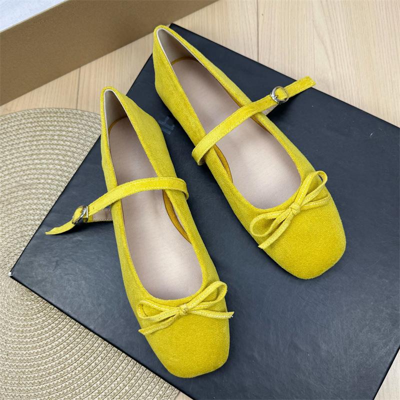 Fashion Flat Shoes for Women Suede Square Toe 2025 Spring and Autumn New Bow Flat Bottom Mary Jane Shoes Plus Size Women's Shoes 43 44