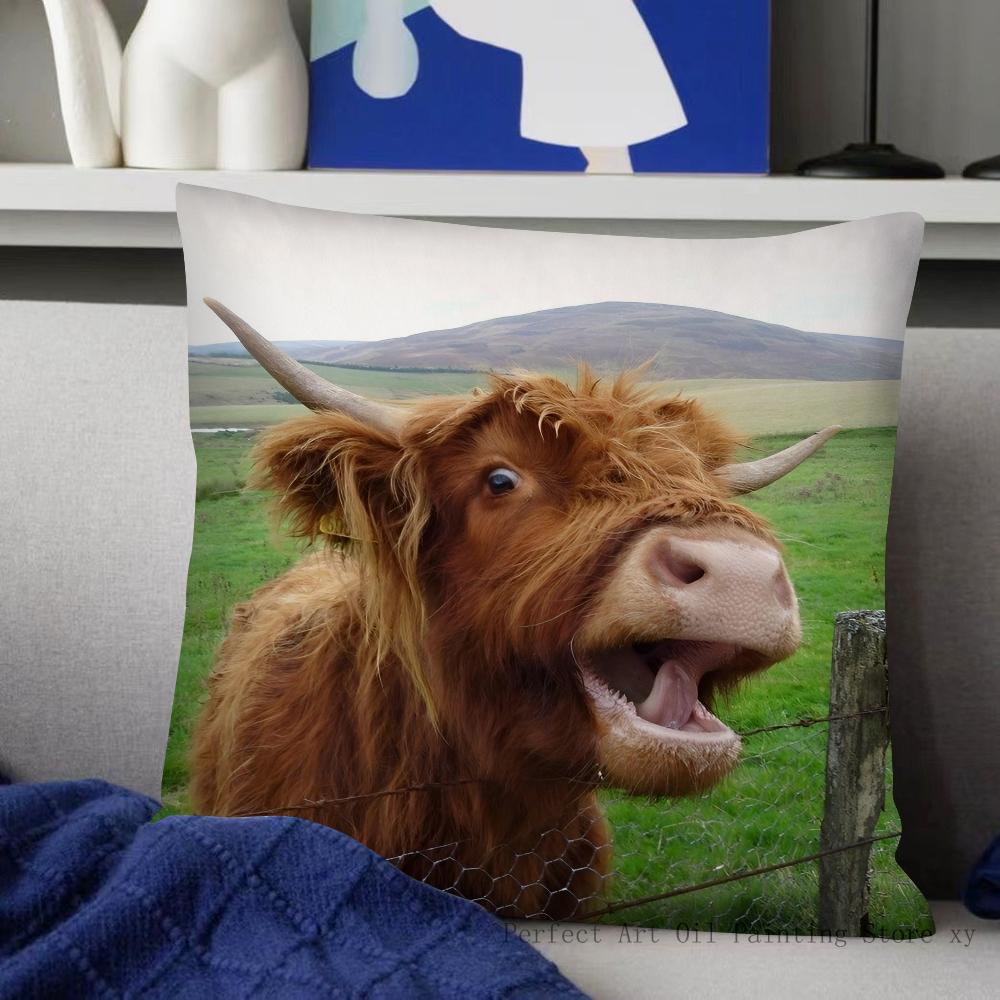 Highland Cattle Pillow Case Fashion Square Pillowcase Bedroom Sofa Room Ins Decoration Leisure Cushion Cover 40x40