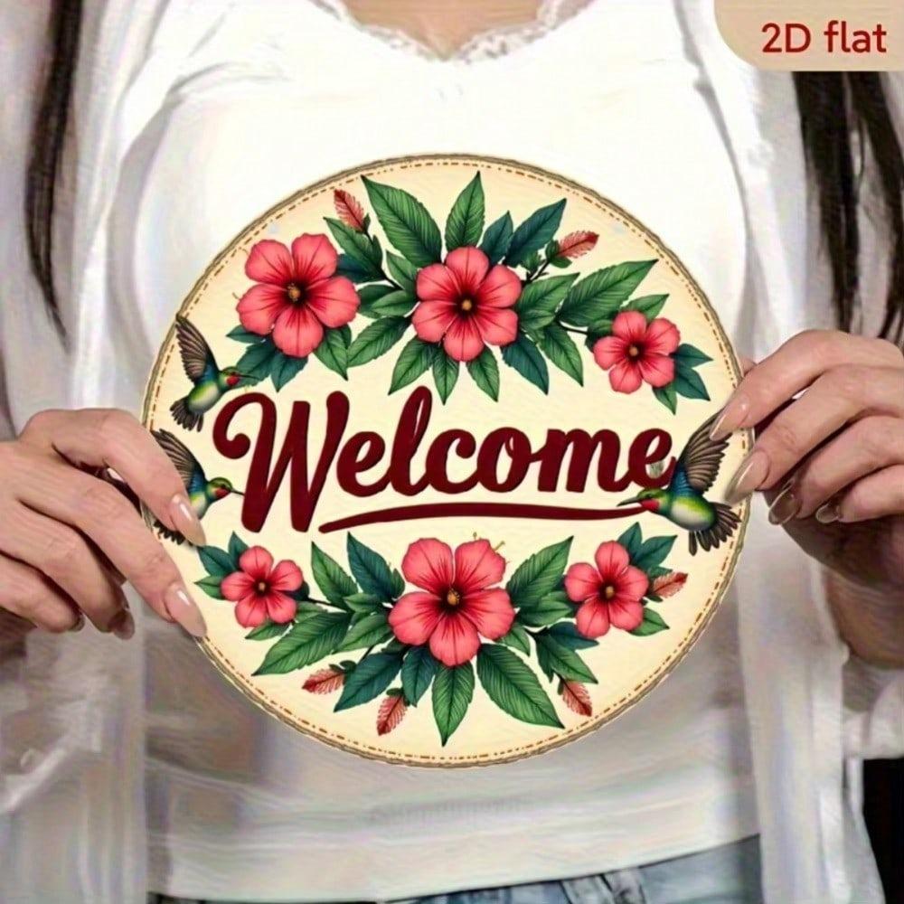 Pink Green Floral Hummingbird Metal Wall Art Welcome Sign Waterproof Aluminum Round Rustic Decor