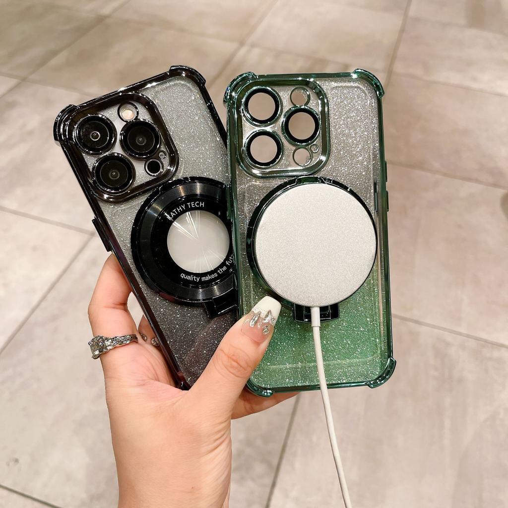 Applicable To IPhone16E Electroplated Four-angle Lens Film Mobile Phone Case Apple 15PRO Flash Powder Magnetic Bracket Protection Case
