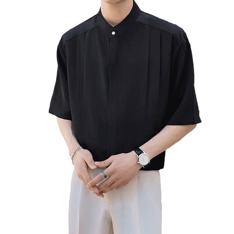 Men's Casual Summer Stand Collar Ice Silk Shirt Suit - Chinese Inspired Design