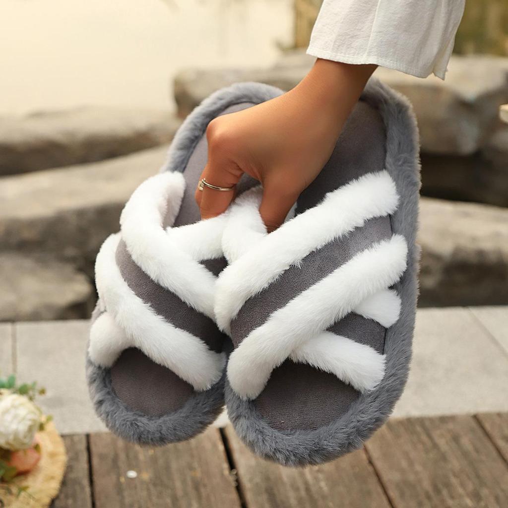 Women's Cross-Strap Patchwork Furry Slippers - Warm, Casual, and Thick-Soled for Spring and Autumn