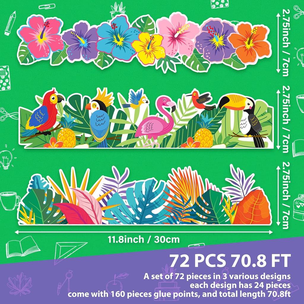 Sabary 71 ft Tropical Bulletin Board Borders Trim Summer Borders Hawaiian Luau Flower Flamingo Classroom Decor for Back to School Wall Classroom