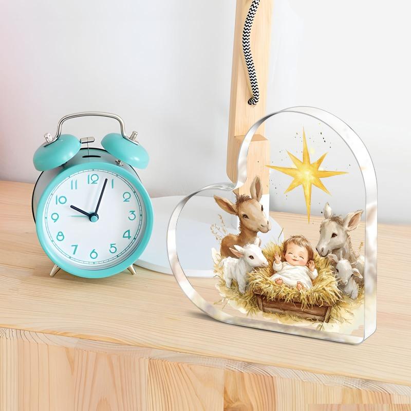 2D Fla "Nativity Scene" Heart-Shaped Acrylic Decoration Plaque, Golden Star Design, Suitable for Wall Decoration, Porch, Room, Villa, Accents Home, Ha