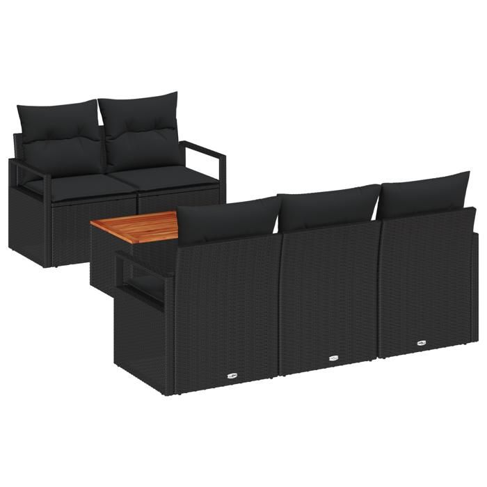VidaXL Ensemble de Canapés de Jardin de 6 Pièces avec Coussins Noir Poly Rattan Acacia 3347646