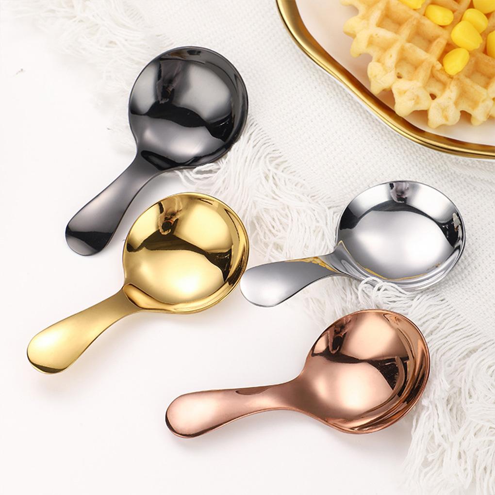 Edelstahllöffel Tragbar Runder Kopf Glatt Glänzend Poliert Kurzer Griff Salz Suppe Teelöffel Schöpflöffel Besteck Geschirr