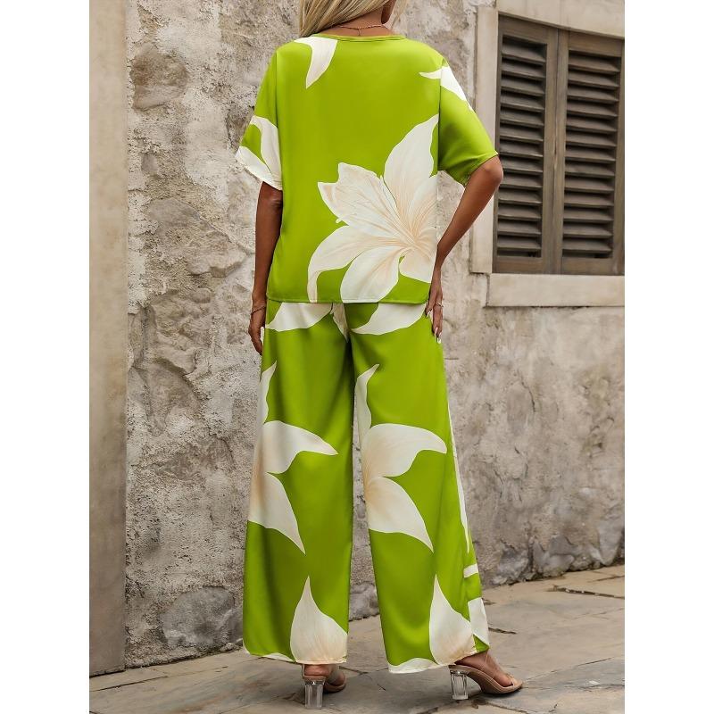 JKASHDK Women's Fashion Casual Summer Spring Flower Pattern Print Short Sleeve V-Neck Trousers Pants Suits