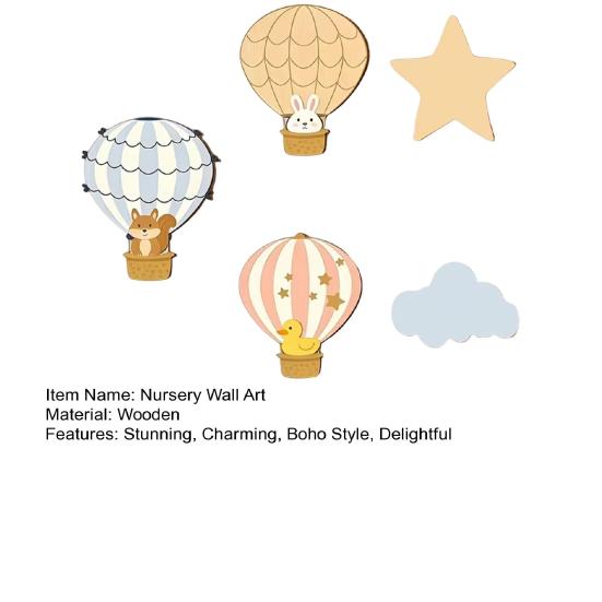 5 Pcs Wooden Star Cloud Hot Air Balloon Nursery Decor Boho Style Cartoon Animals Hot Air Balloon Wall Art for Kids Bedroom Classroom Playroom