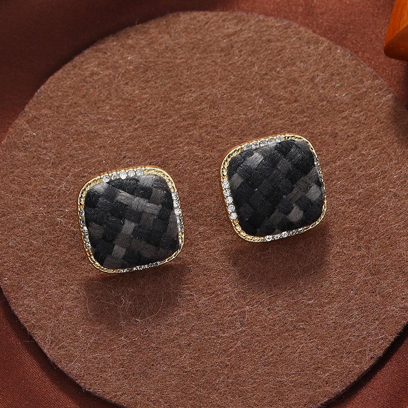 Vintage Morandi square stud earrings s925 silver needle with diamonds autumn and winter femininity personalized fabric ear jewelry