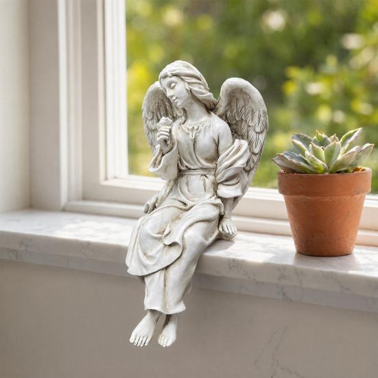 Yousheng Retro Winged Angel Statue, Resin Praying Angel Figurine, Elegant Sitting Angel Sculpture for Outdoor Indoor Garden