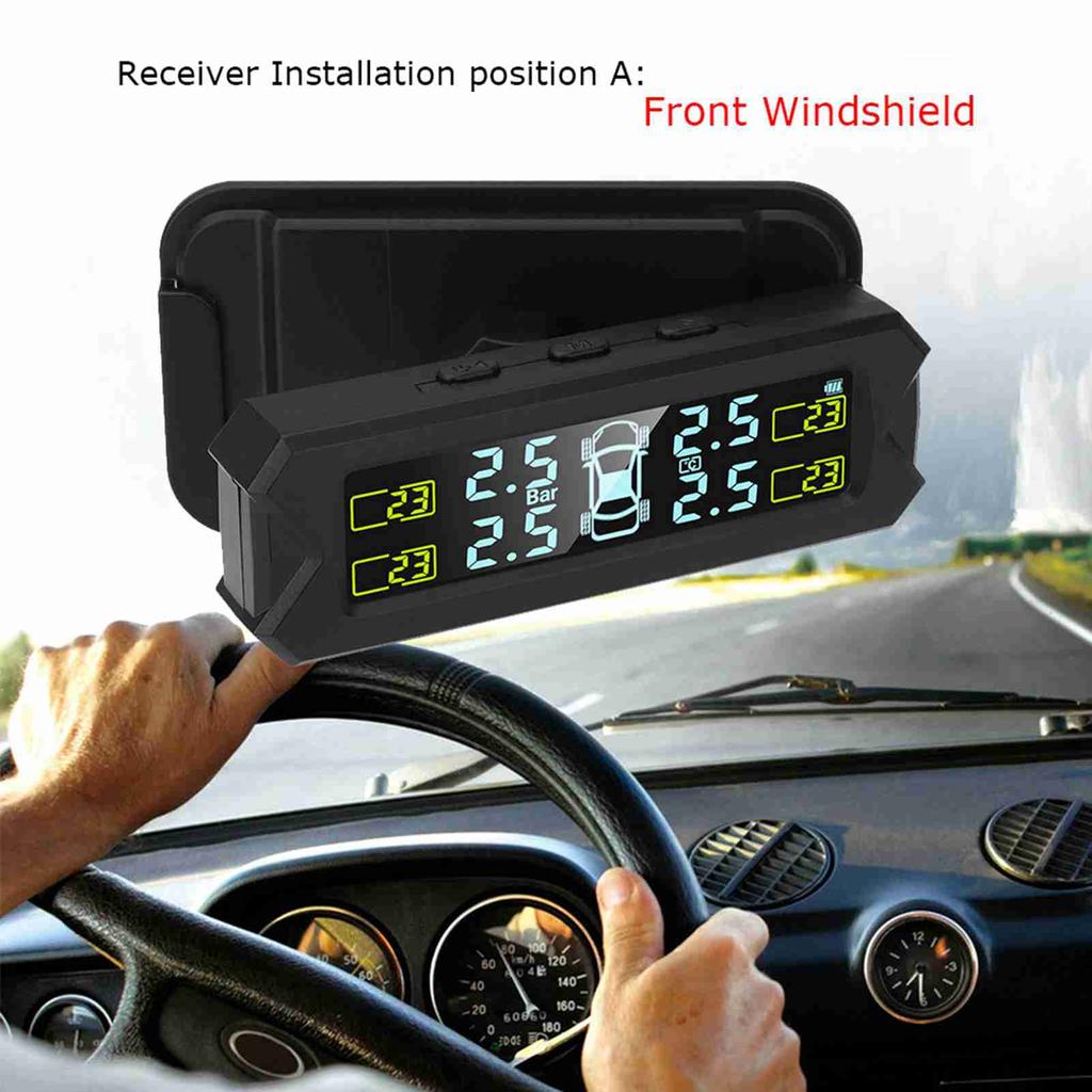 Solar-powered tire pressure monitoring system with automatic backlit LCD screen. (Automotive parts)