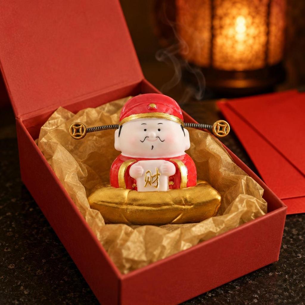 Smiling Wealth God Figure Monetary Disc Ornaments Cai Shen Figurine Spring Wire Deity Statue