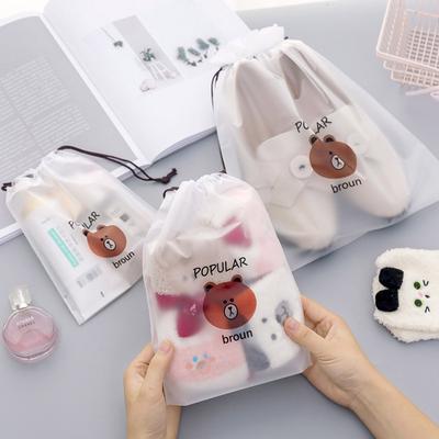 Portable Cartoon Brown Bear Printing Drawstring Bag for Travel Jewelry Earphone Cosmetic Storage