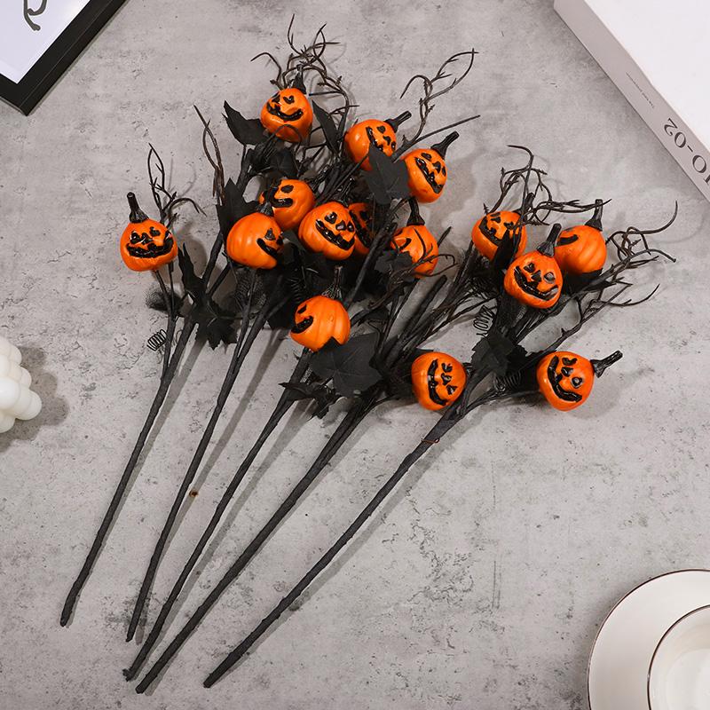 1PcHalloween Branches Artificial Pumpkin Maple Leaf Stem Flowers Halloween Party Decoration For Home DIY Vase Photo Props
