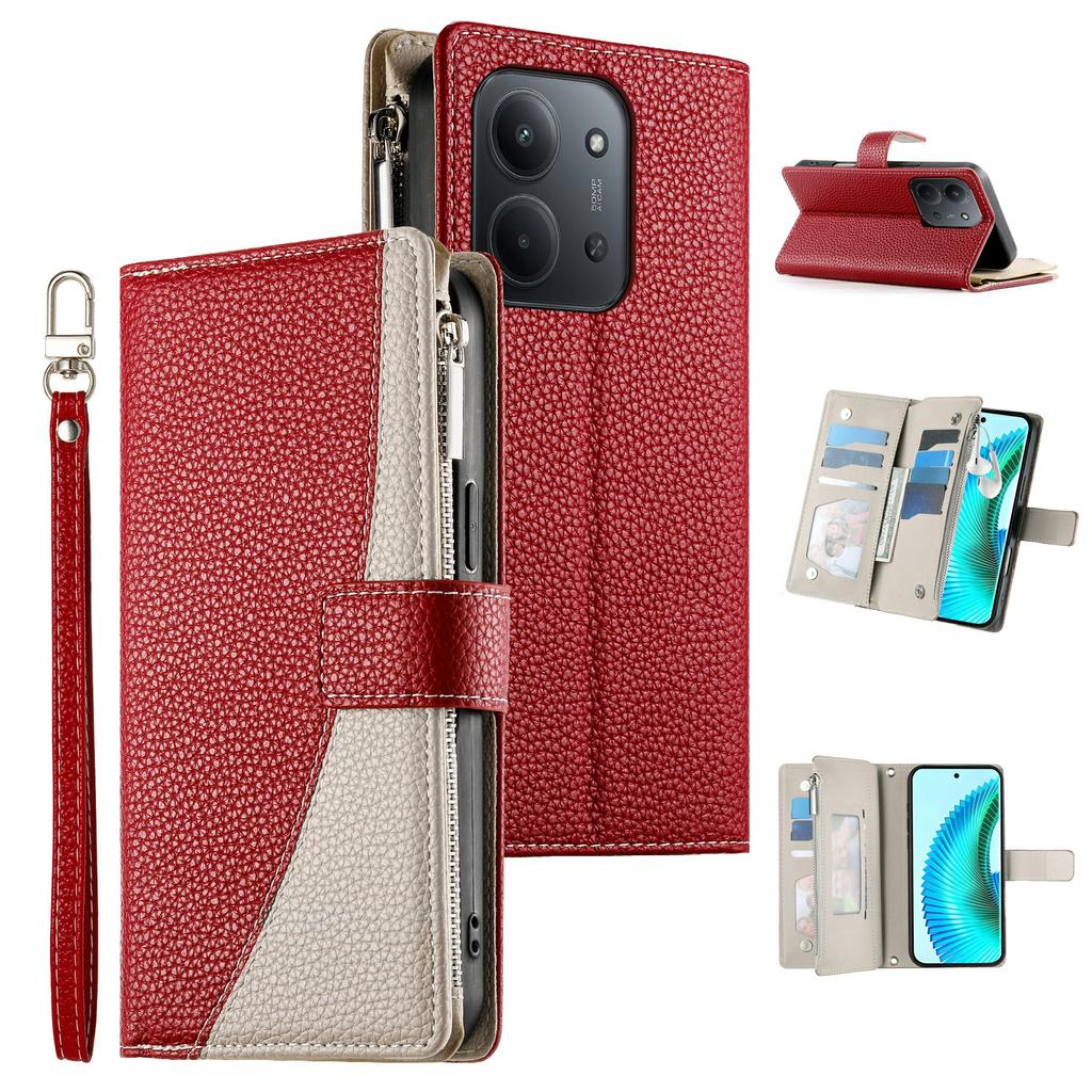 Zipper Wallet Case for Xiaomi Redmi 15C 5G (EU) (173mm)/15C 4G (EU) (173mm) Color Splicing Leather Flip Phone Cover with Straps