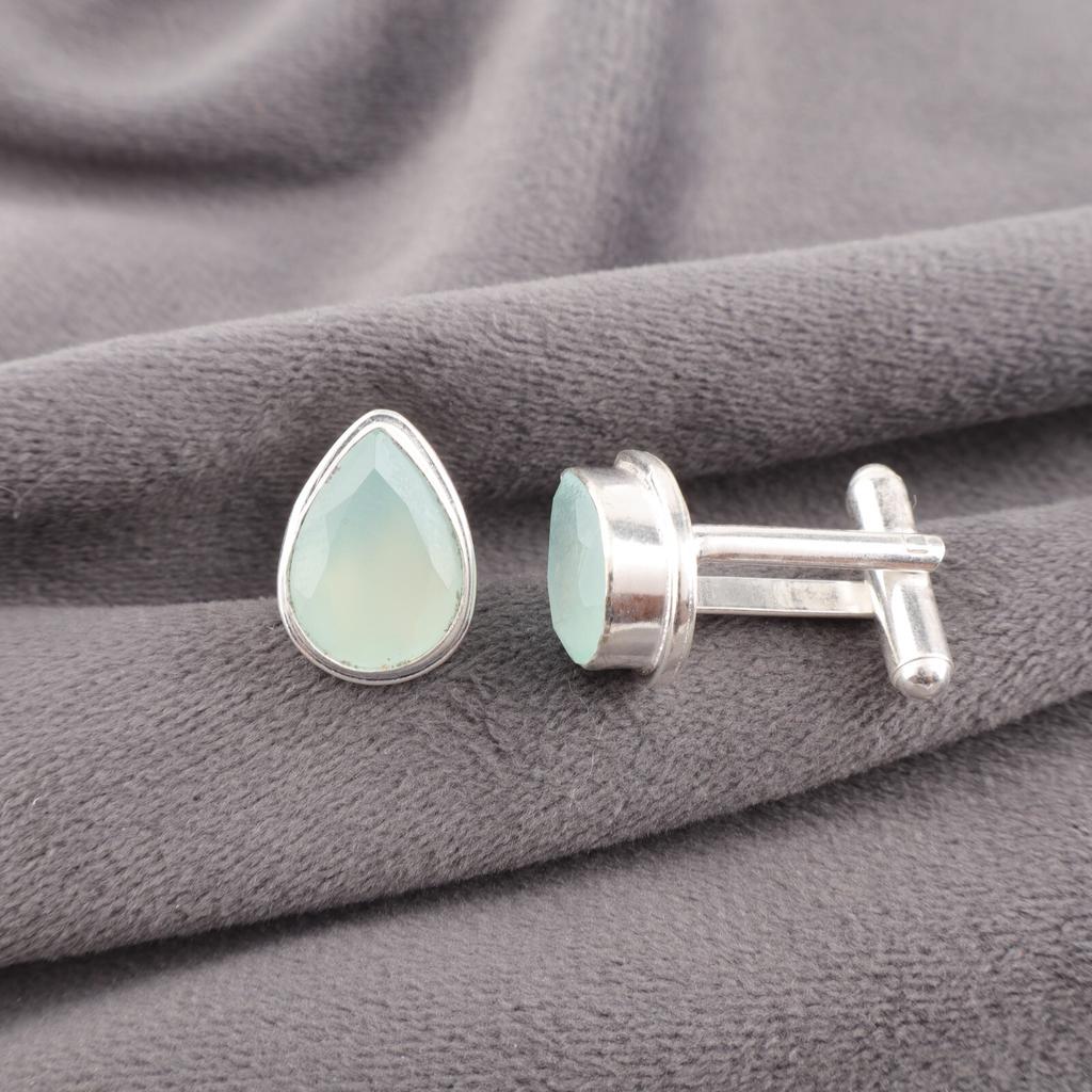 Aqua Chalcedony Gemstone 925 Sterling Silver Jewelry Handmade Cufflinks For Gift CL-6-21