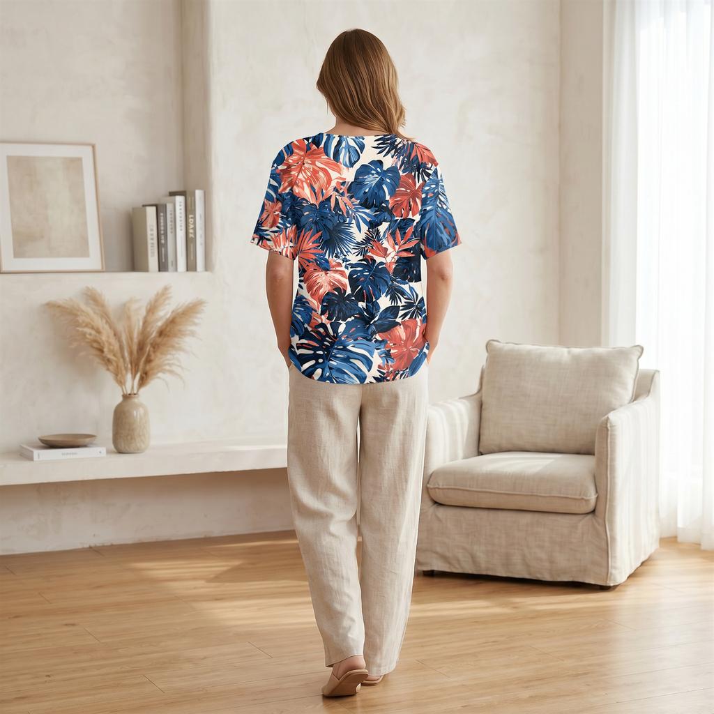 Damen Freizeit Hemd mit Print, Henley-Knopfleiste, kurzen Ärmeln, Baumwoll-Leinen-Mischung und Brusttasche für den Sommerlichen Alltagsgebrauch