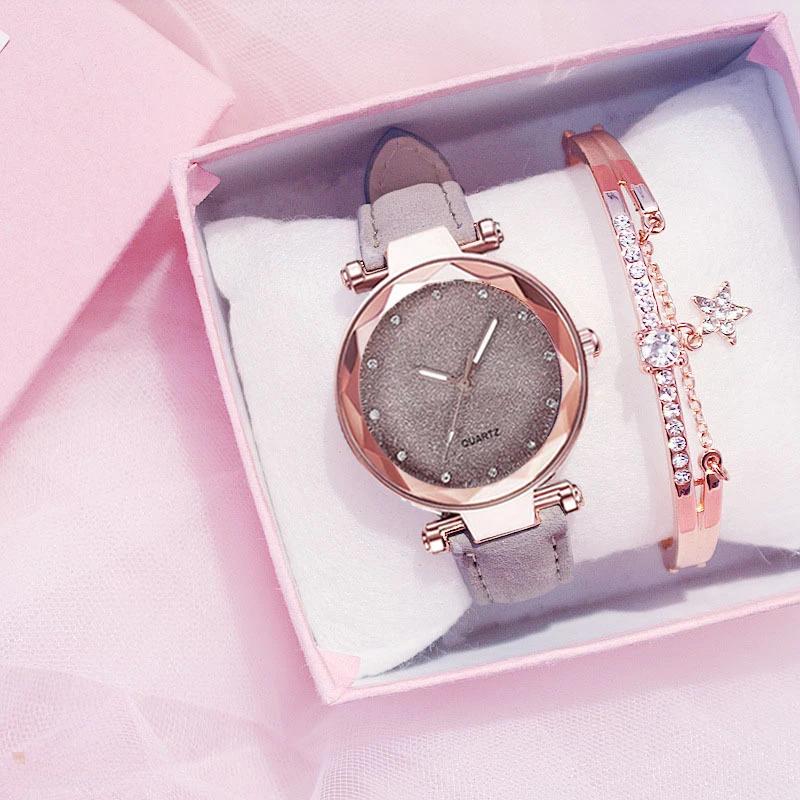 Starry Sky Women Watch Bracelet Ladies Wristwatch Pink Female Girls Clock Fashion Leather Simple Watches Reloj Mujer Rosa