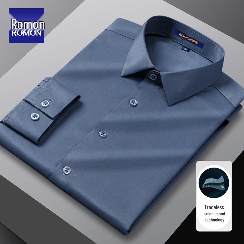 Romon Men's Gray Long Sleeve Business Casual Faux Silk Seamless White Shirt