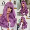 CharmSource Lange natürliche gewellte Perücke mit ordentlichem Pony/Fransen für Frauen, rosa Haar, synthetische Perücken, Cosplay, Party, hitzebeständige Faser