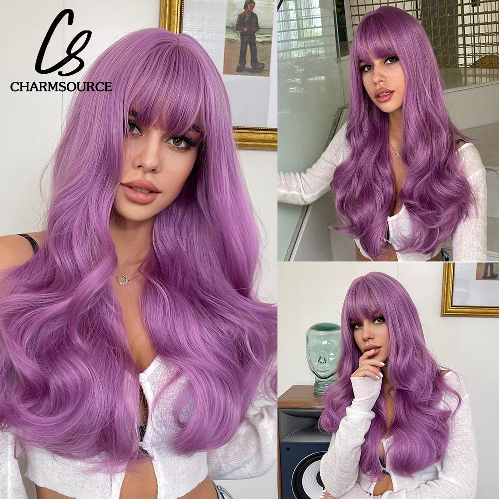 CharmSource Lange natürliche gewellte Perücke mit ordentlichem Pony/Fransen für Frauen, rosa Haar, synthetische Perücken, Cosplay, Party, hitzebeständige Faser