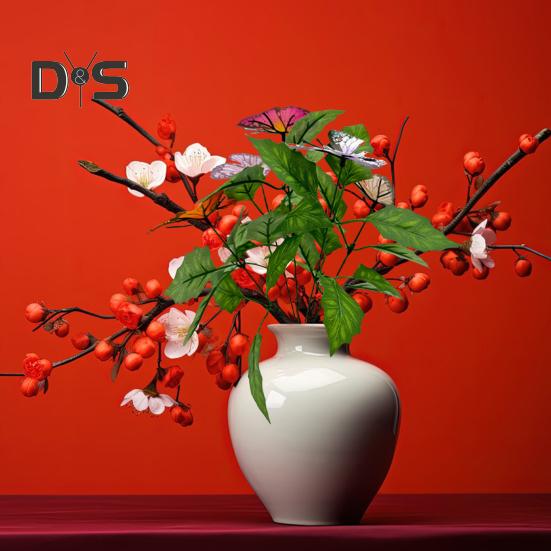 Artificial Berry Branch Faux Green Leaf Branch with Butterflies Realistic Simulated Greenery Branch for Home Table Decor Christmas Valentine's Day