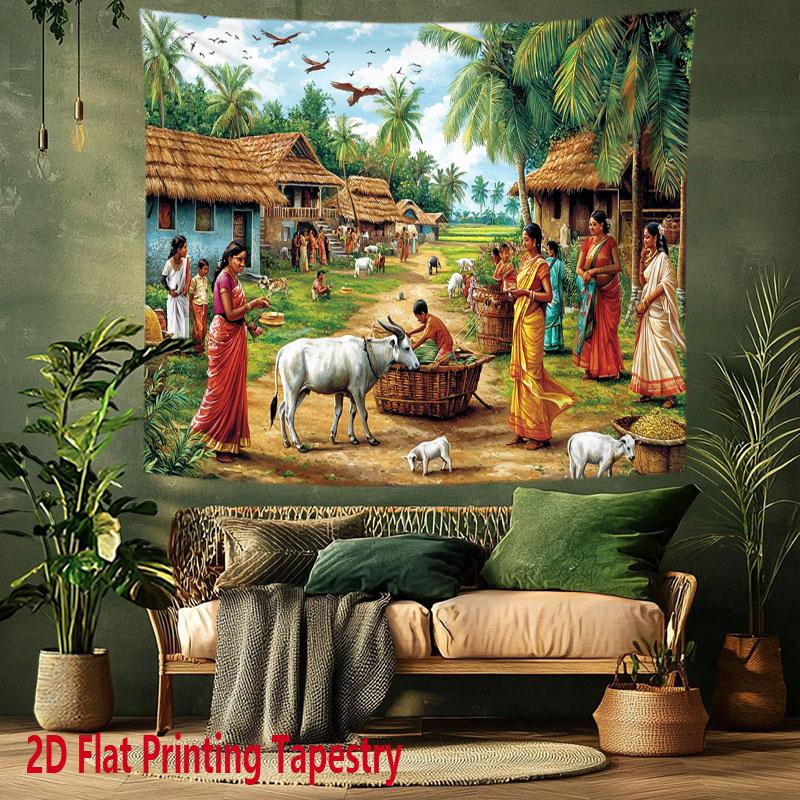 Colorful Village Life Digital printing polyester wall tapestry suitable for use in living rooms bedrooms offices bars party