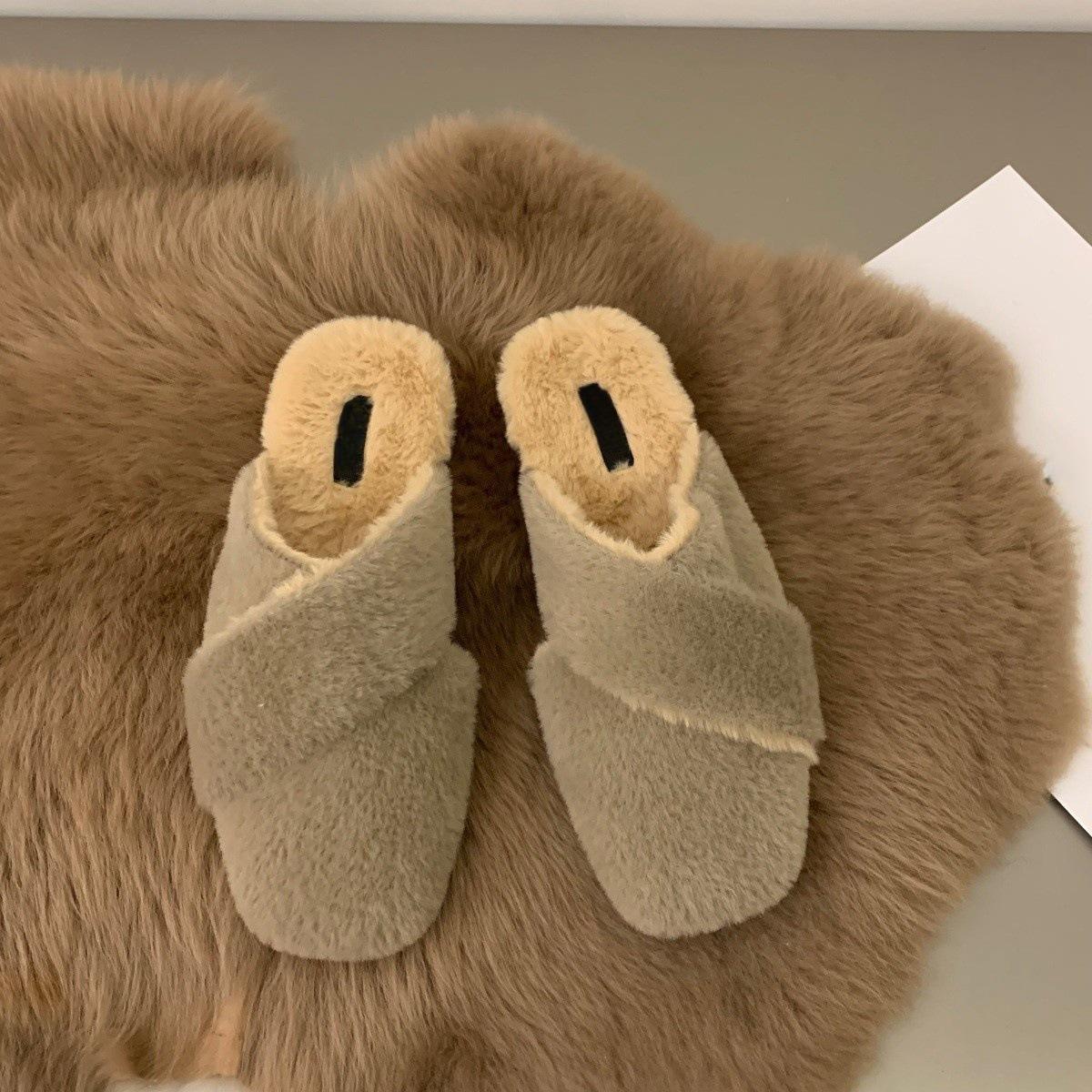 

Flat-bottomed bag head half slippers women s shoes wear 2024 new autumn and winter one-pedal half-support single shoes Mao Mao shoes 39 хакі