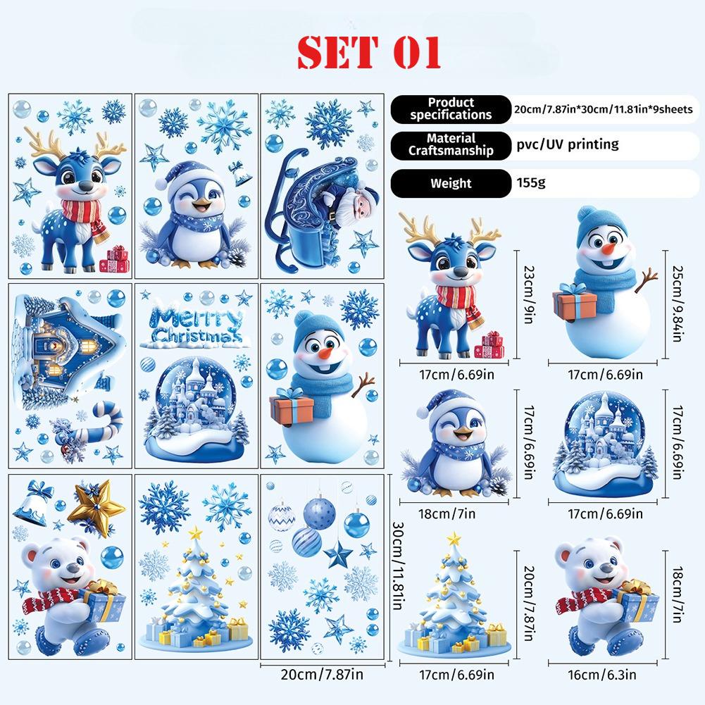 9pcs/set Christmas Static Cling Stickers Window Decals Santa Claus Scene Festive Window Decals Christmas Home Party Decor